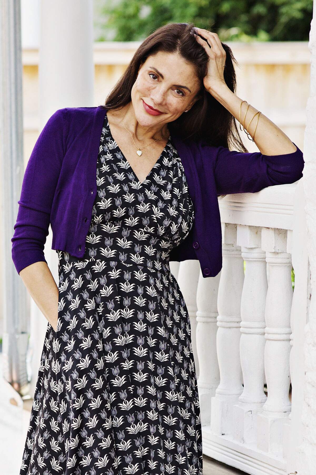 Purple dress with cardigan on sale